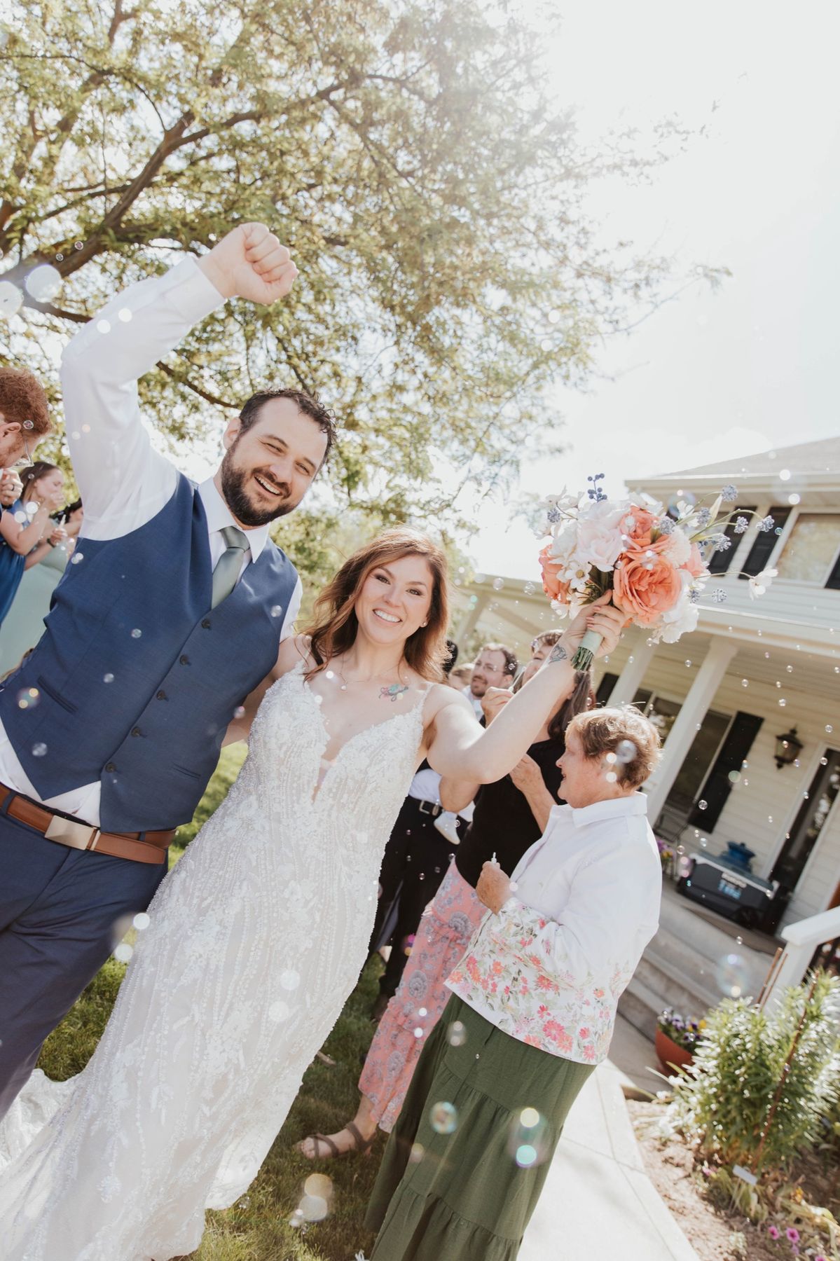 A bubble exit, arms raised in celebration